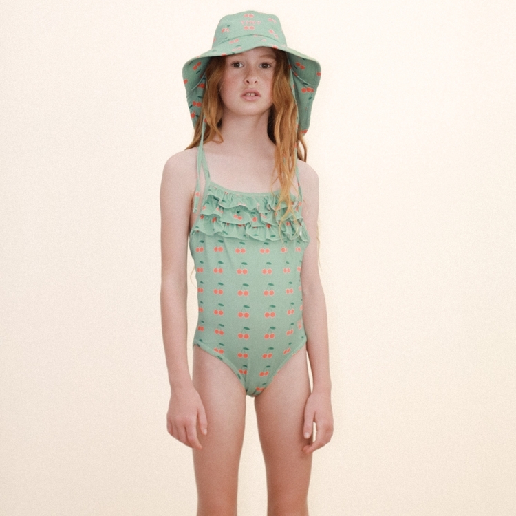 （預購）TINYCOTTONS 層次領櫻桃後交叉連身泳衣 CHERRIES SWIMSUIT - washed emerald