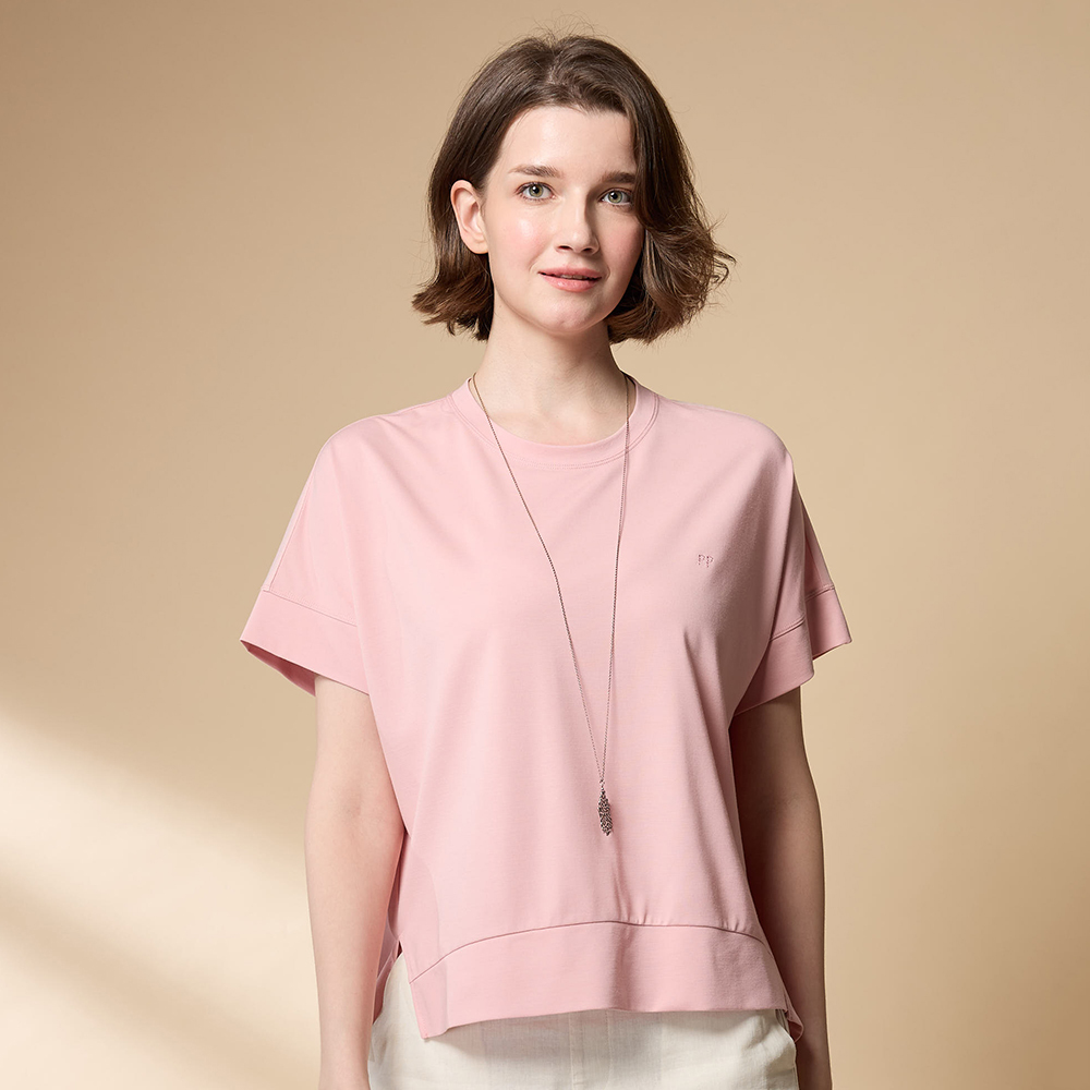 PIPPY 休閒素面圓領微落肩5分袖上衣  粉