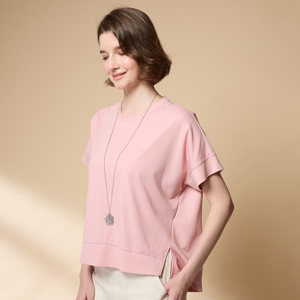 PIPPY 休閒素面圓領微落肩5分袖上衣  粉