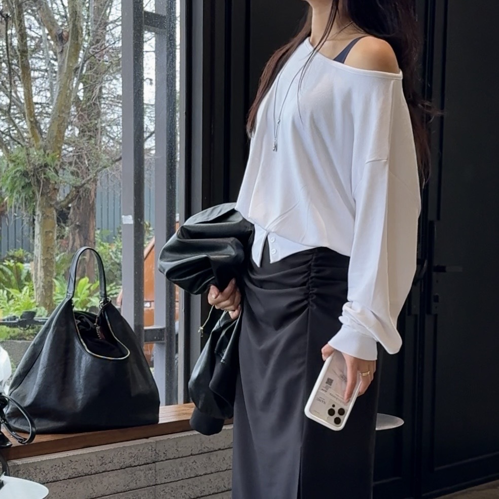 JL04 春款搶先!可拉斜肩下縮氣質T(白/灰/黃綠)