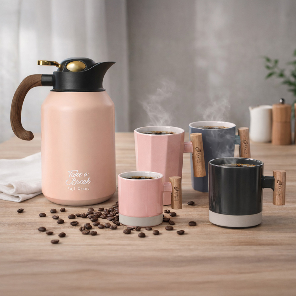 大溫暖家庭-快開保溫壺杯組 (316不鏽鋼快開咖啡保溫壺1700ml + 和風職人馬克杯2入 + 和風匠藝咖啡杯2入)