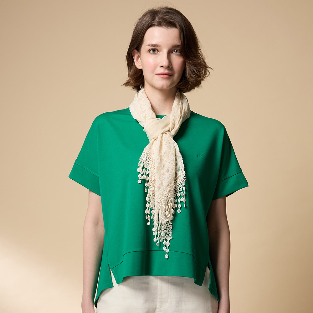 PIPPY 休閒素面圓領微落肩5分袖上衣  綠