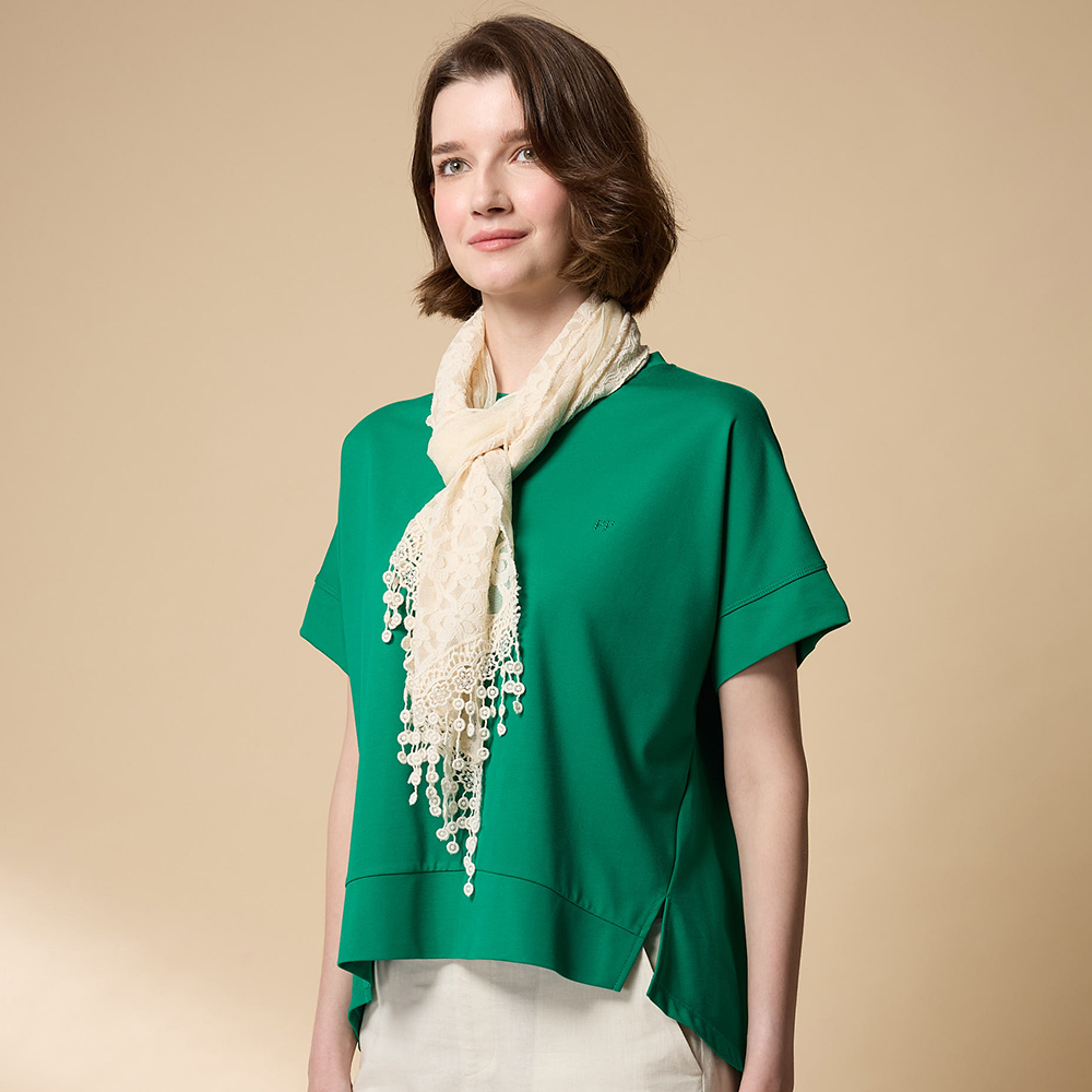 PIPPY 休閒素面圓領微落肩5分袖上衣  綠