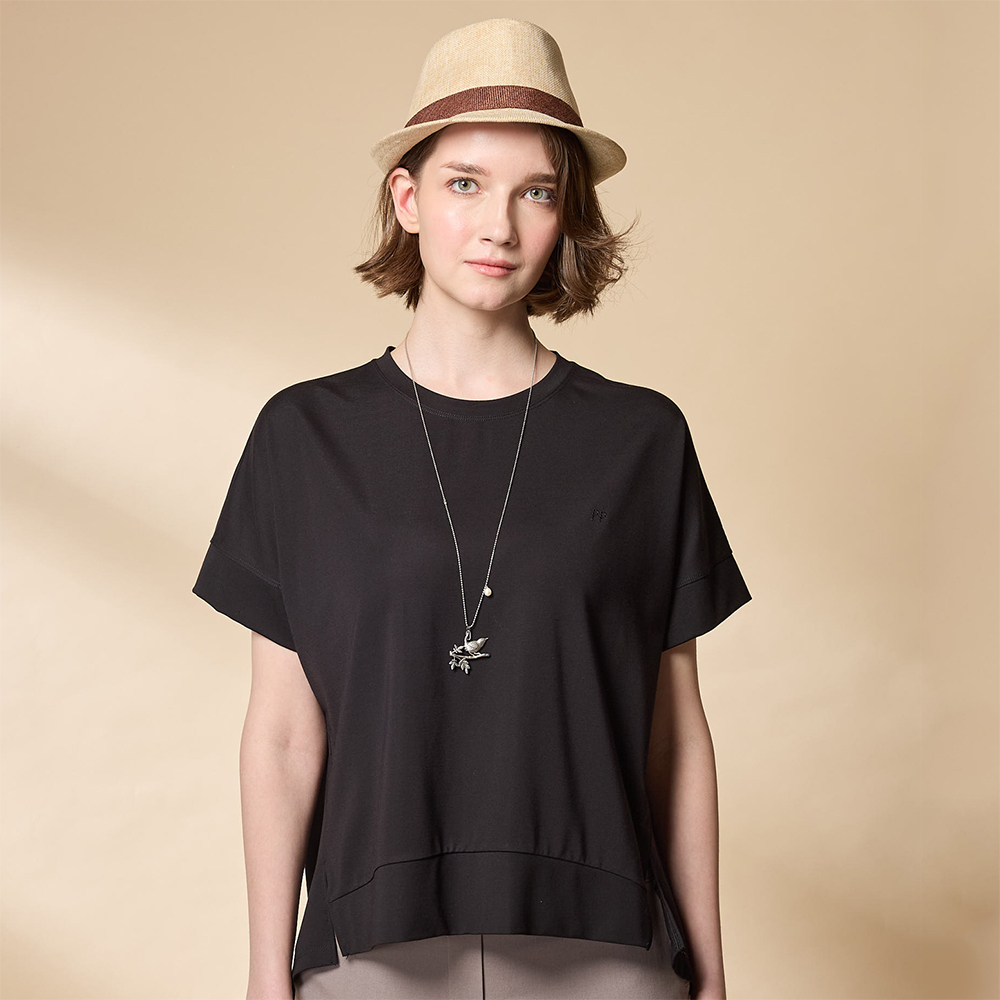 PIPPY 休閒素面圓領微落肩5分袖上衣 黑