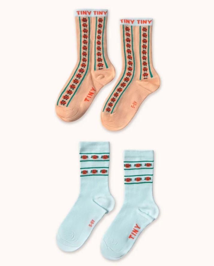 TINYCOTTONS 玫瑰條紋中筒襪襪(二入組) ROSES MEDIUM SOCKS - wild rose/ice blue