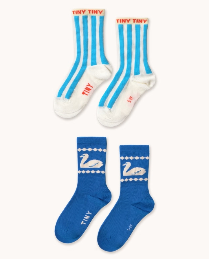 （預購）TINYCOTTONS 條紋&天鵝中筒襪(二入組) BLUE STRIPES & SWAN MEDIUM SOCKS - blue/off white