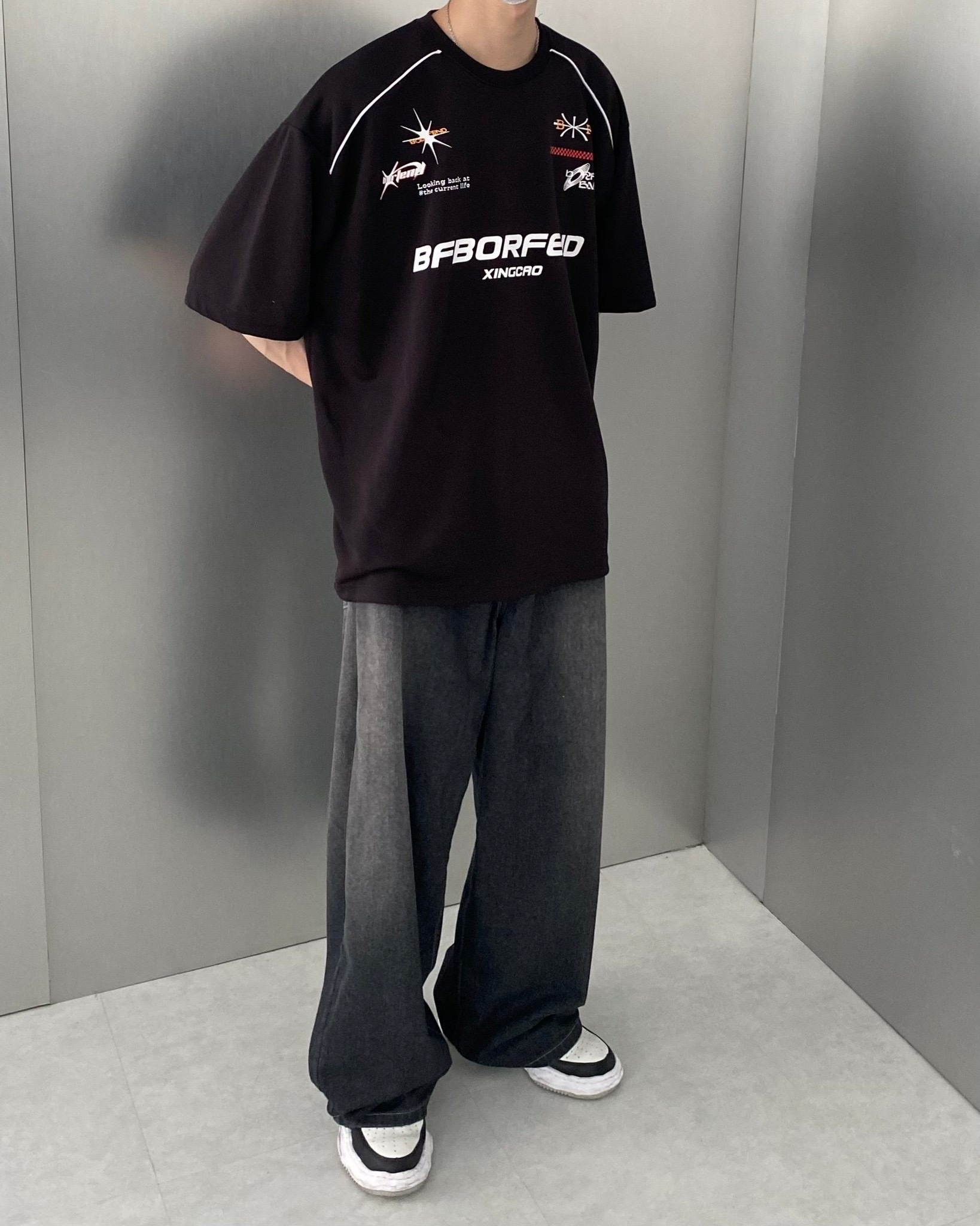 BFBORFEND賽車風 寬鬆 落肩 男女 短袖