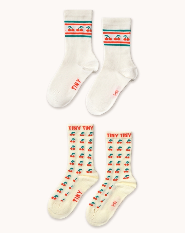 （預購）TINYCOTTONS 櫻桃中筒襪(二入組) CHERRY MEDIUM SOCKS - dusty yellow/off white