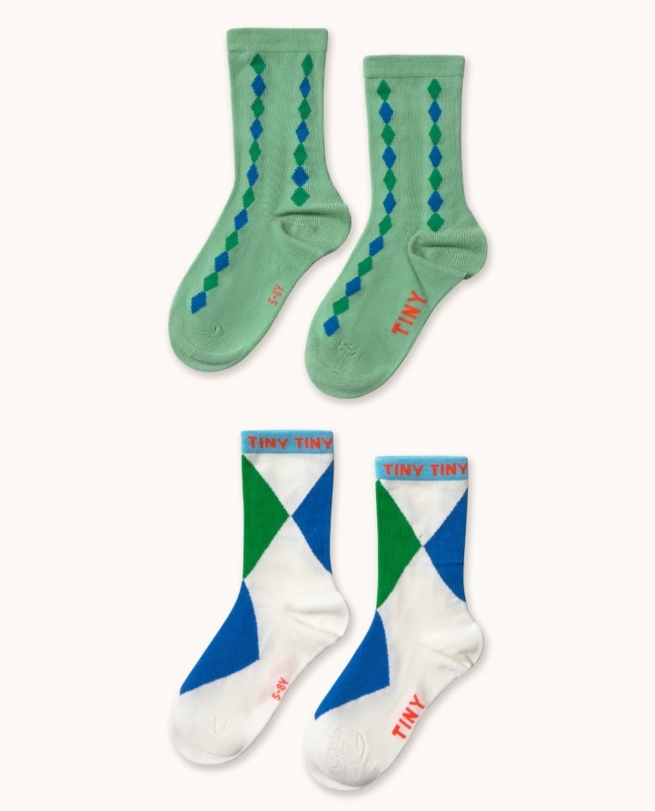 TINYCOTTONS 鑽石中筒襪(二入組) DIAMOND MEDIUM SOCKS - washed emerald/off white