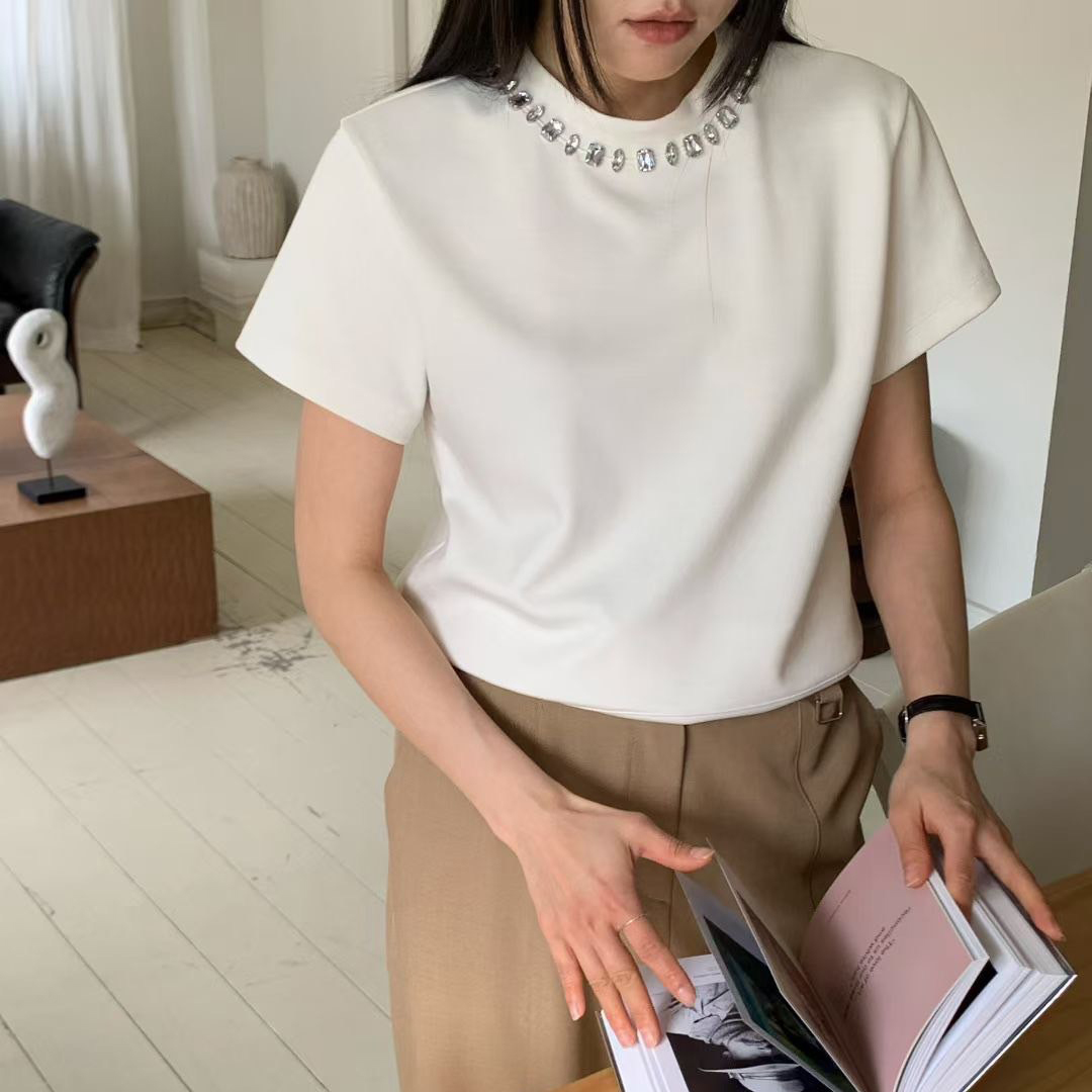 排列方鑽圓領造型短袖棉TEE / 3色