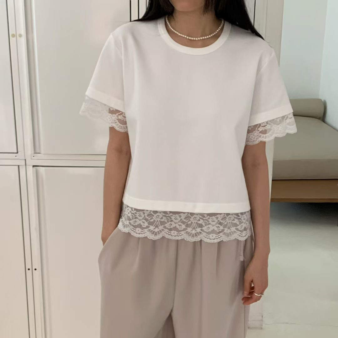 蕾絲手袖下擺造型圓領短袖棉TEE / 2色
