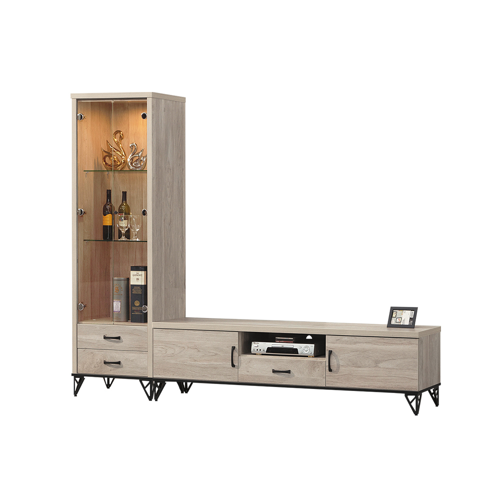 柏蒂家居-哈德克8尺L型電視櫃組合(玻璃展示櫃+視聽長櫃)