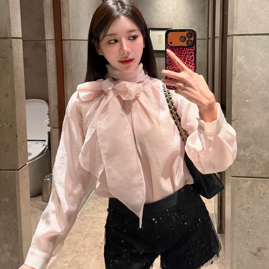 氣質女子綁帶領巾造型澎澎袖上衣 / 3色