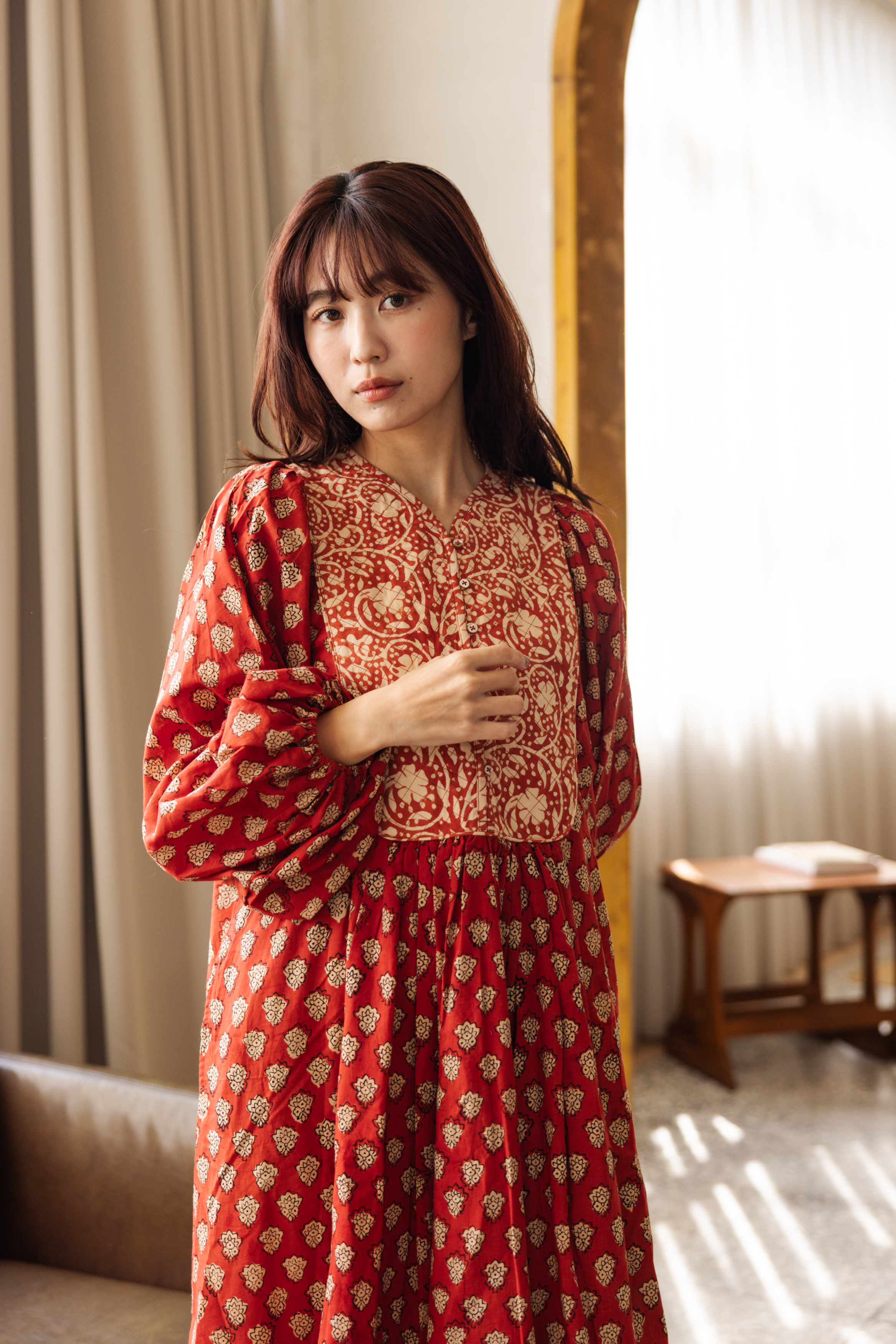 車線拼接長袖長洋裝_紅