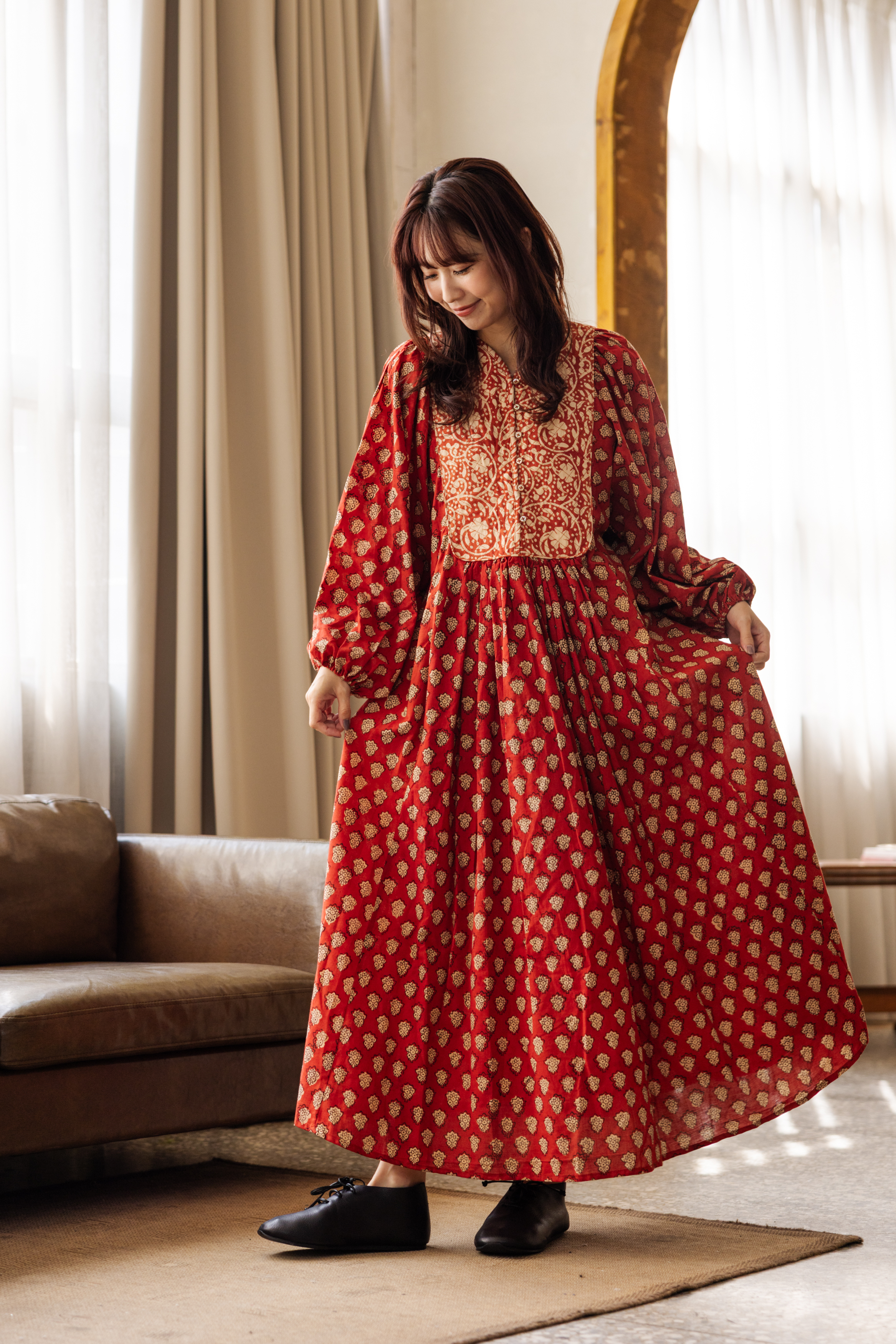 車線拼接長袖長洋裝_紅