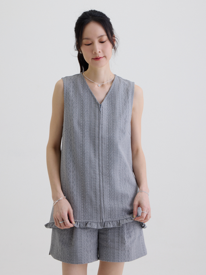 晨霧緹花奶油背心-鉛石