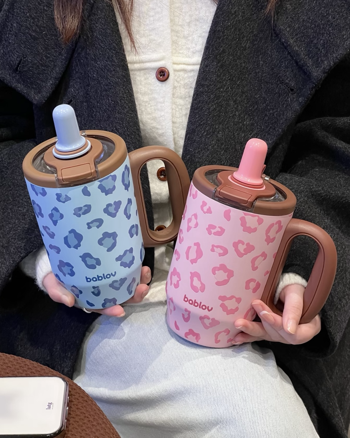 BABLOV 豹紋2.0 不鏽鋼吸管杯 迷你胖胖杯 雙飲杯 680ml 保溫 保冰 粉色 淺藍色