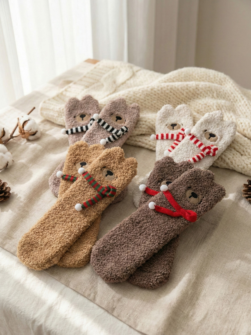 圍巾小熊珊瑚絨居家中筒襪