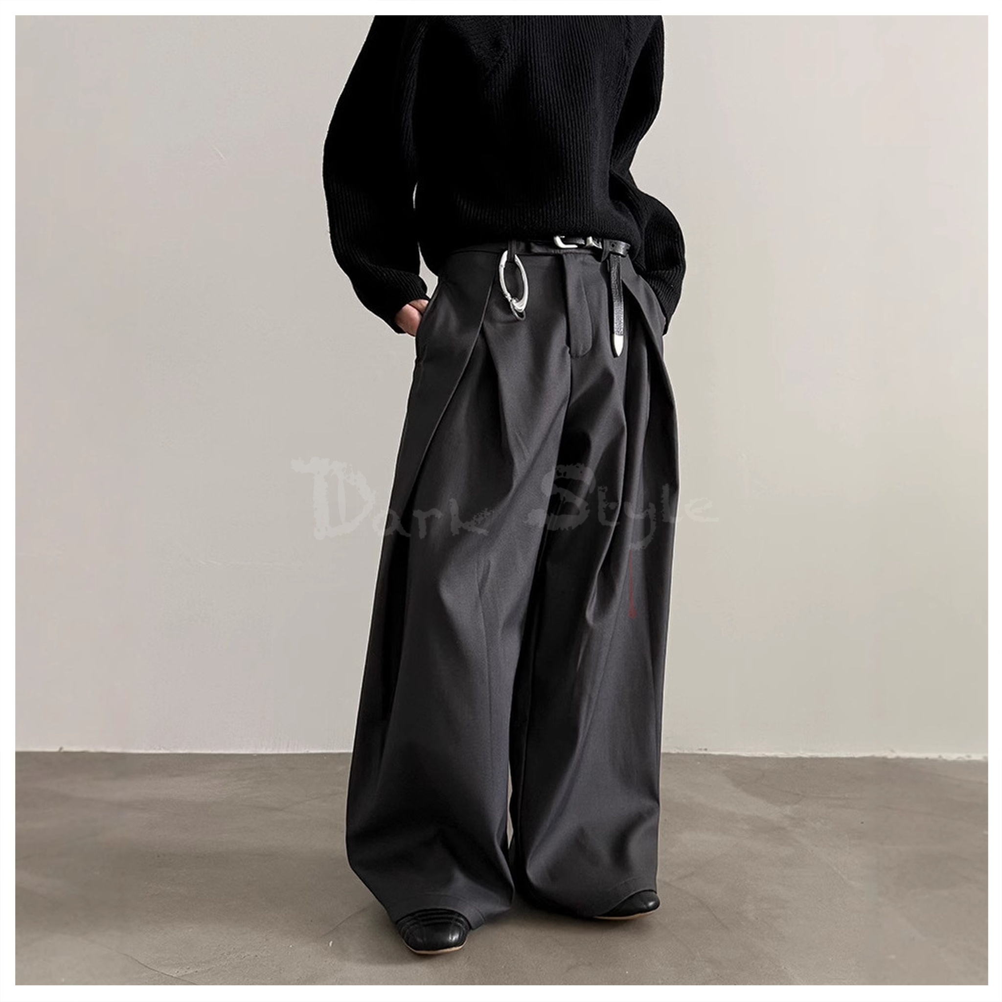 英倫-暗黑系設計感西裝褲－高街 vibe 感、垂墜闊腿拖地褲、百搭廓形休閒長褲