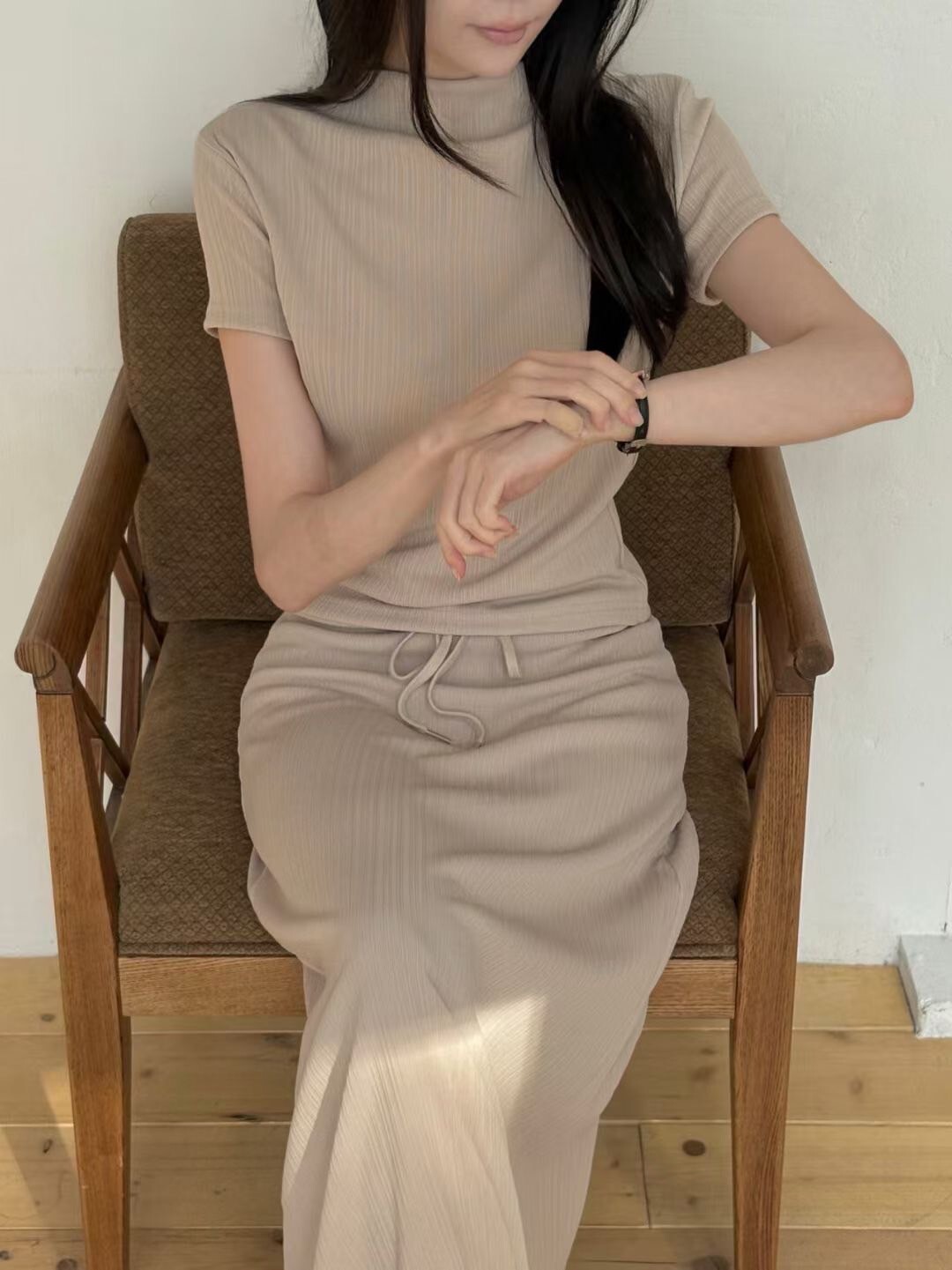 小立領短袖合身上衣+長裙SET / 3色