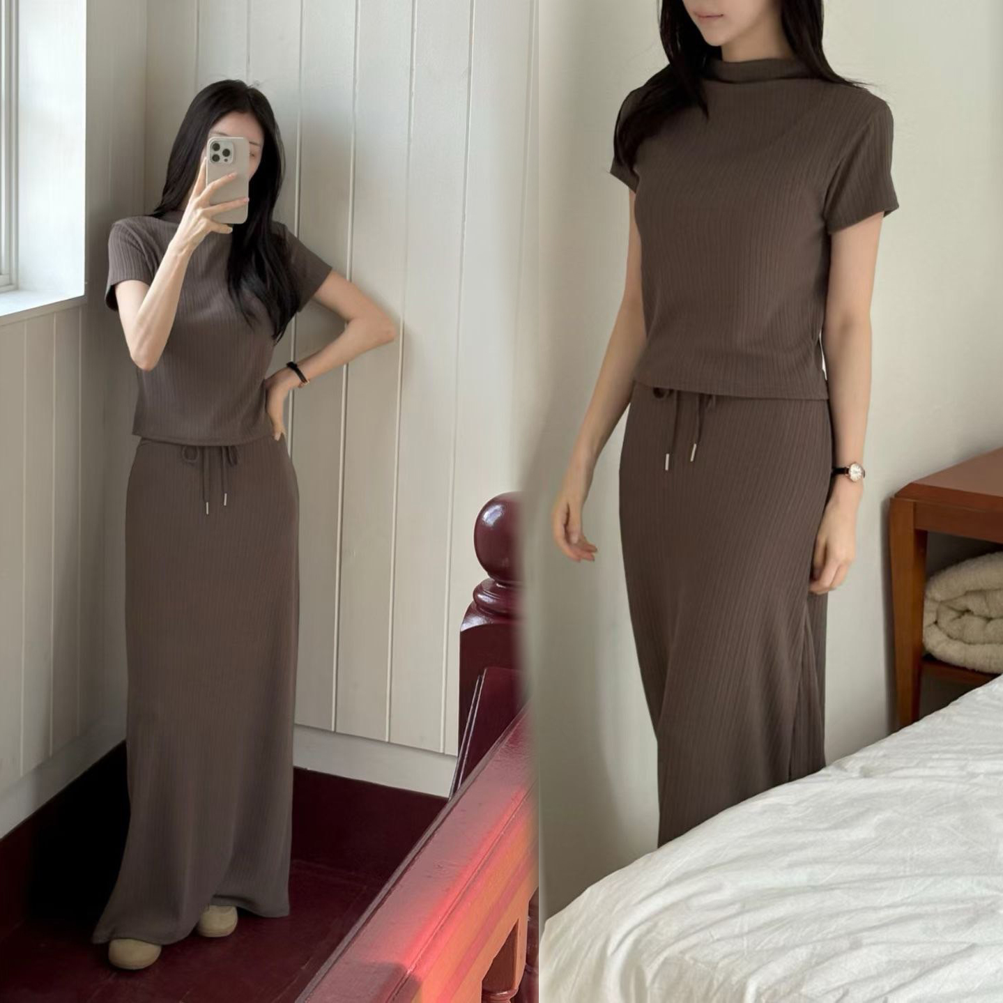 小立領短袖合身上衣+長裙SET / 3色