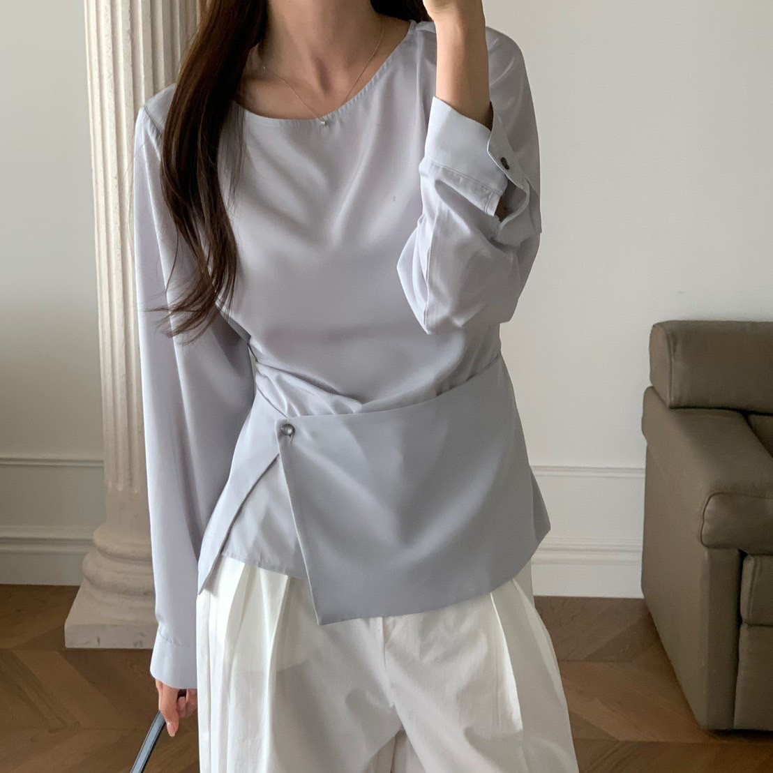 獨特感下擺單釦一片裙造型圓領上衣 / 2色