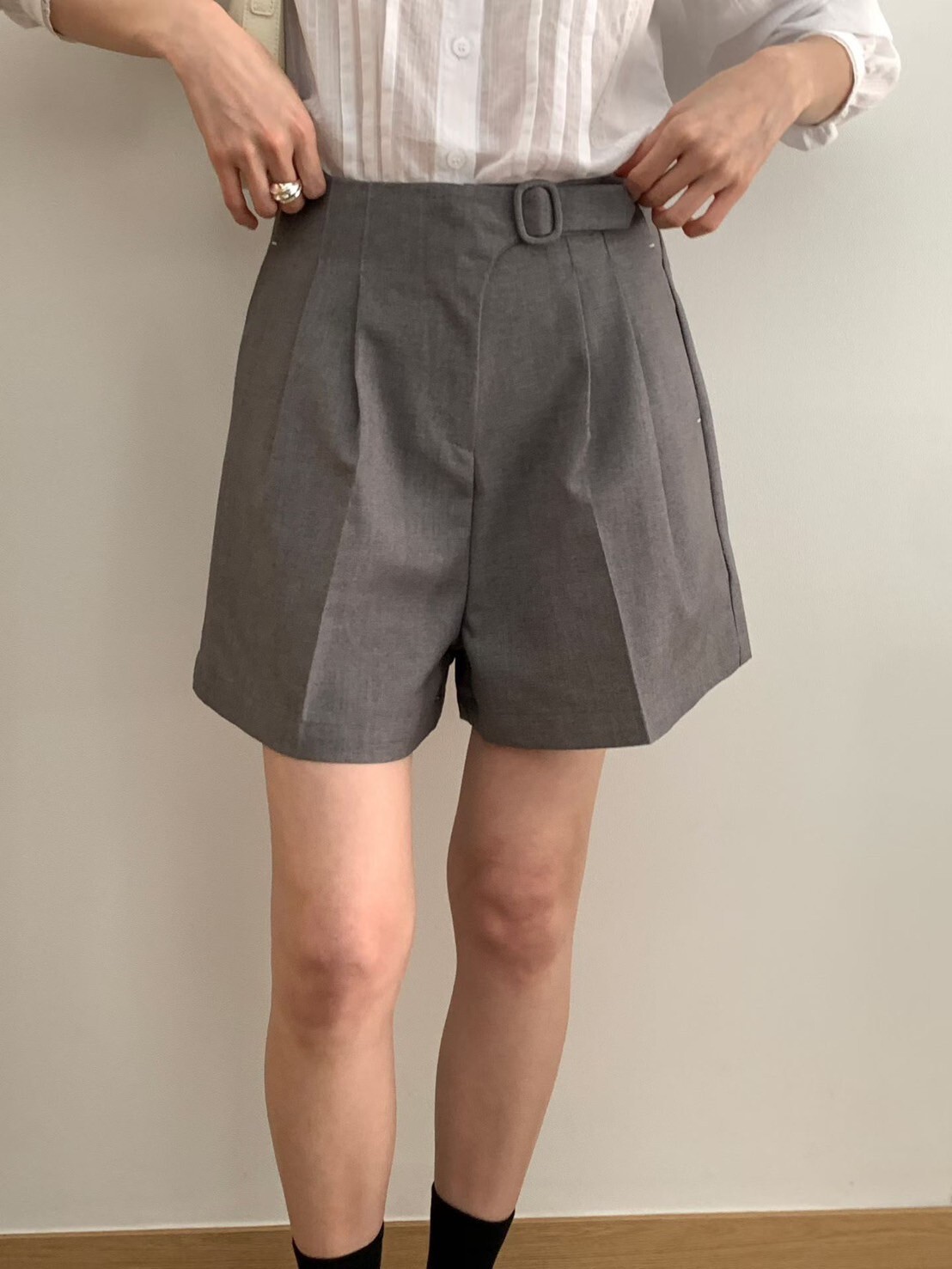 質感灰織帶排釦造型西裝外套+短褲SET-S-M