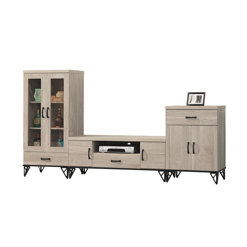 柏蒂家居-哈德克8尺多功能電視櫃組合(二門中展示櫃+視聽長櫃+二門小收納櫃)