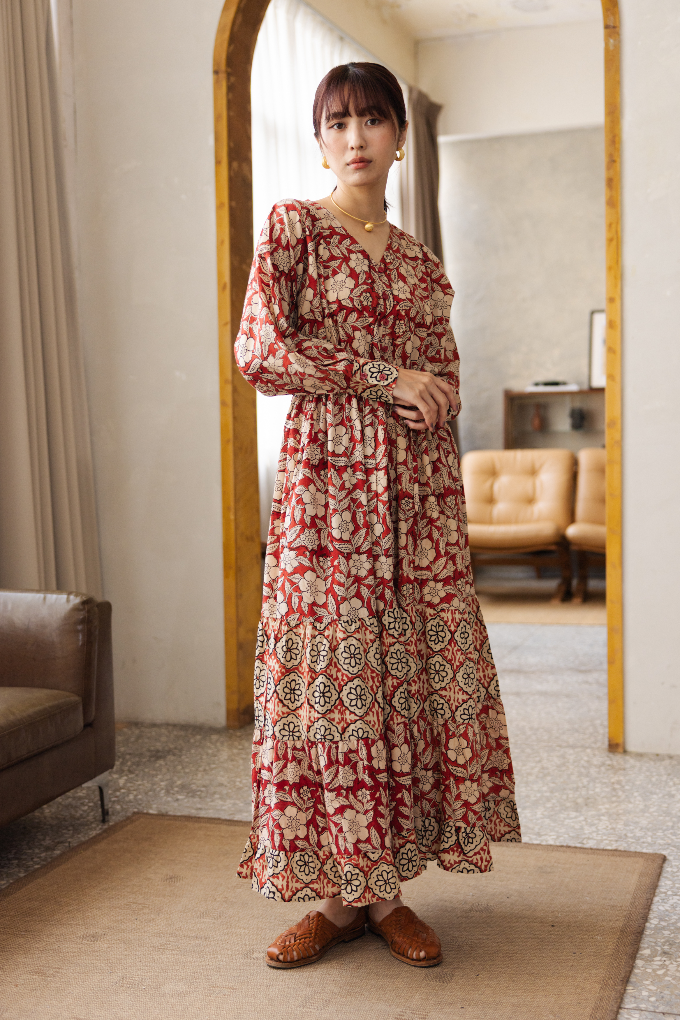 長袖可收腰身排扣長洋裝_紅