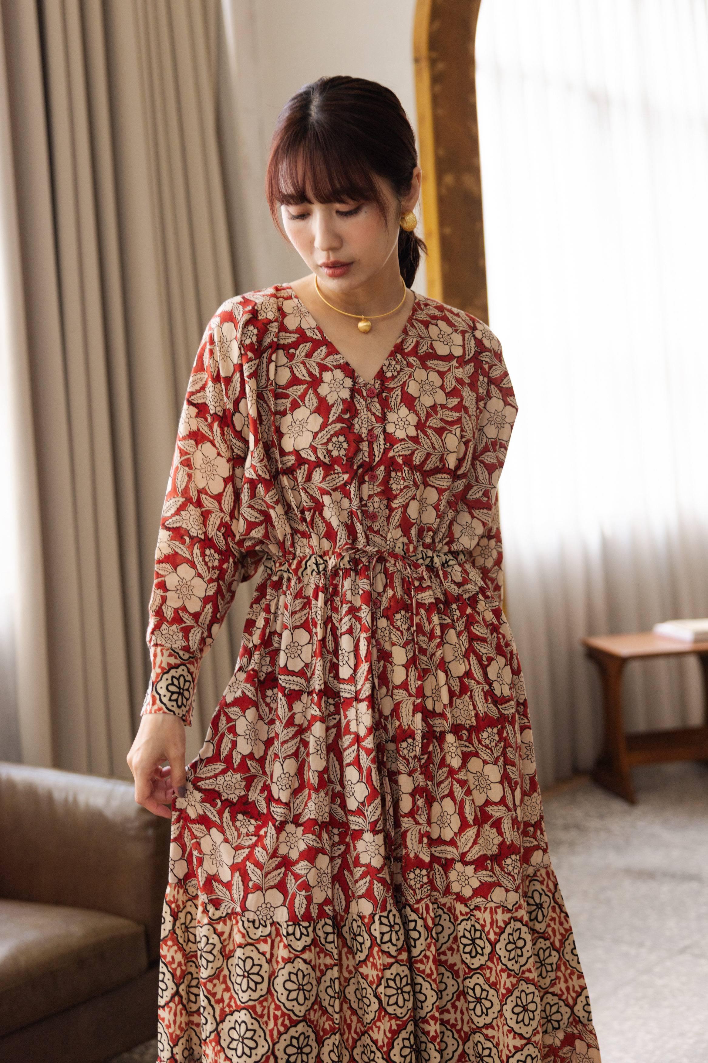 長袖可收腰身排扣長洋裝_紅