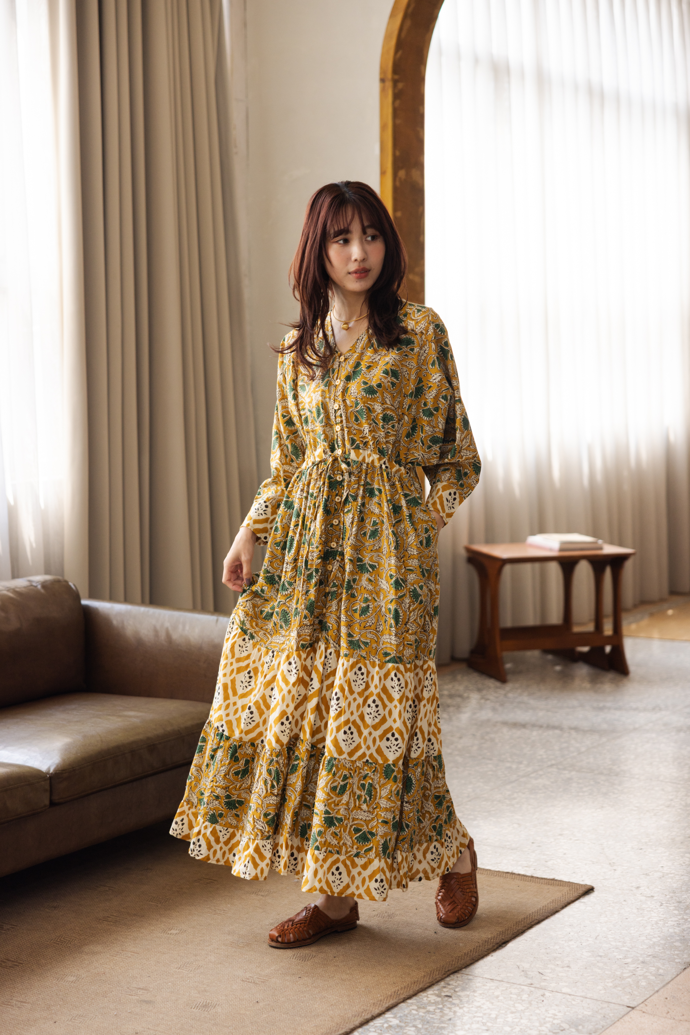 長袖可收腰身排扣長洋裝_黃