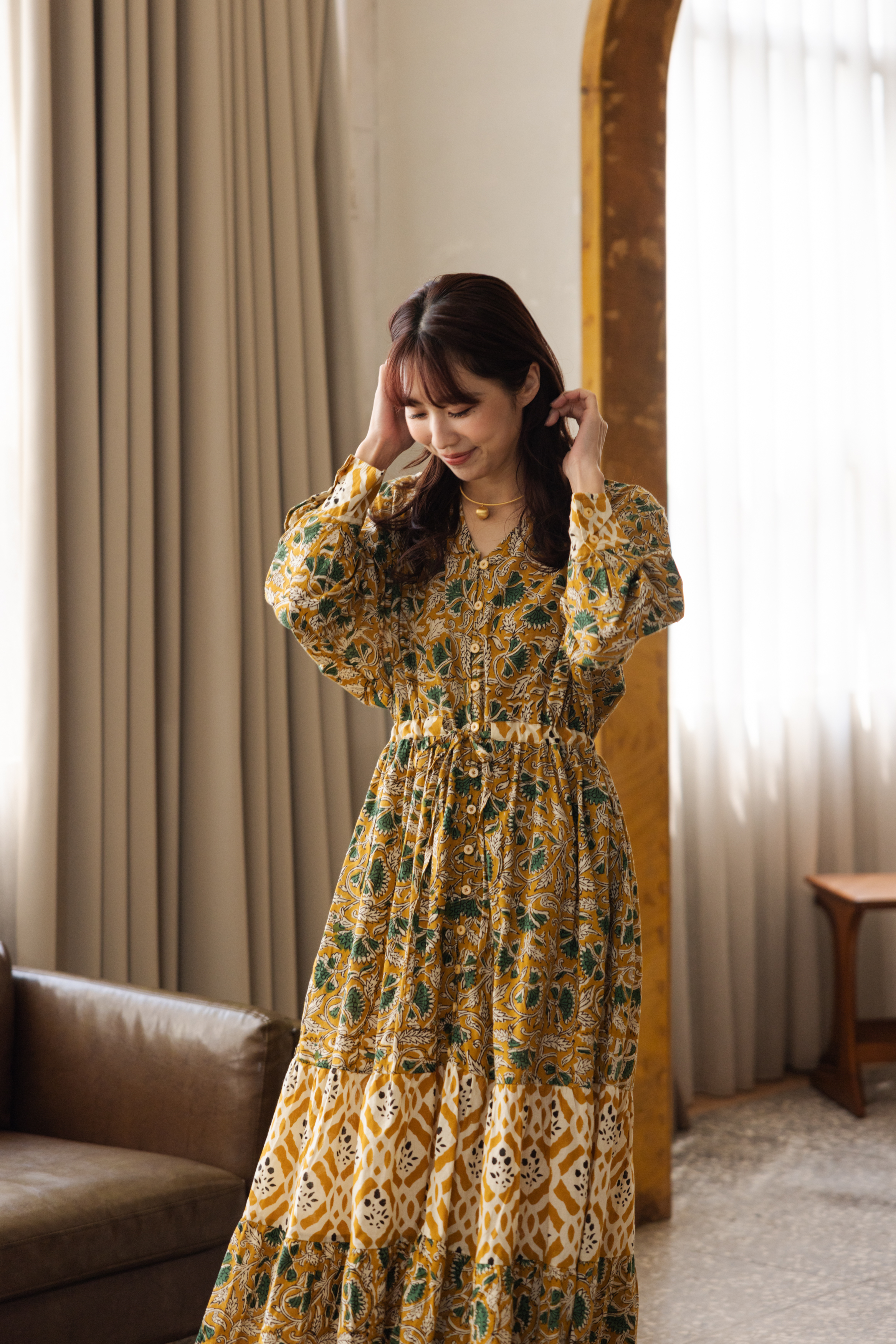 長袖可收腰身排扣長洋裝_黃