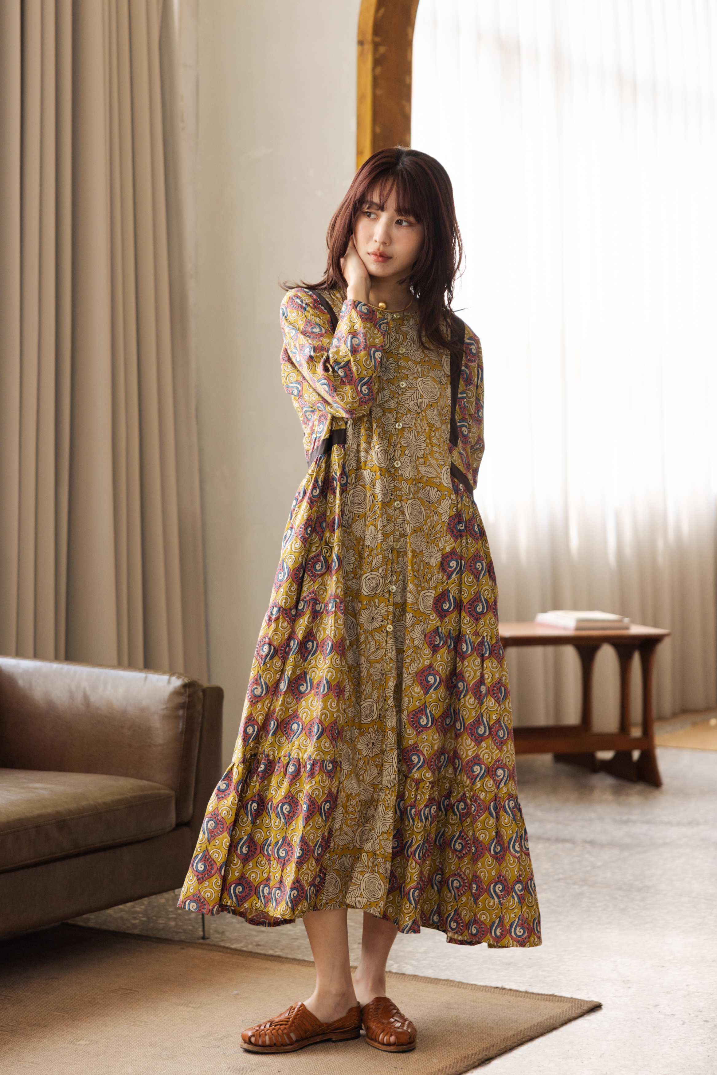 圓領排扣拼接長洋裝_黃