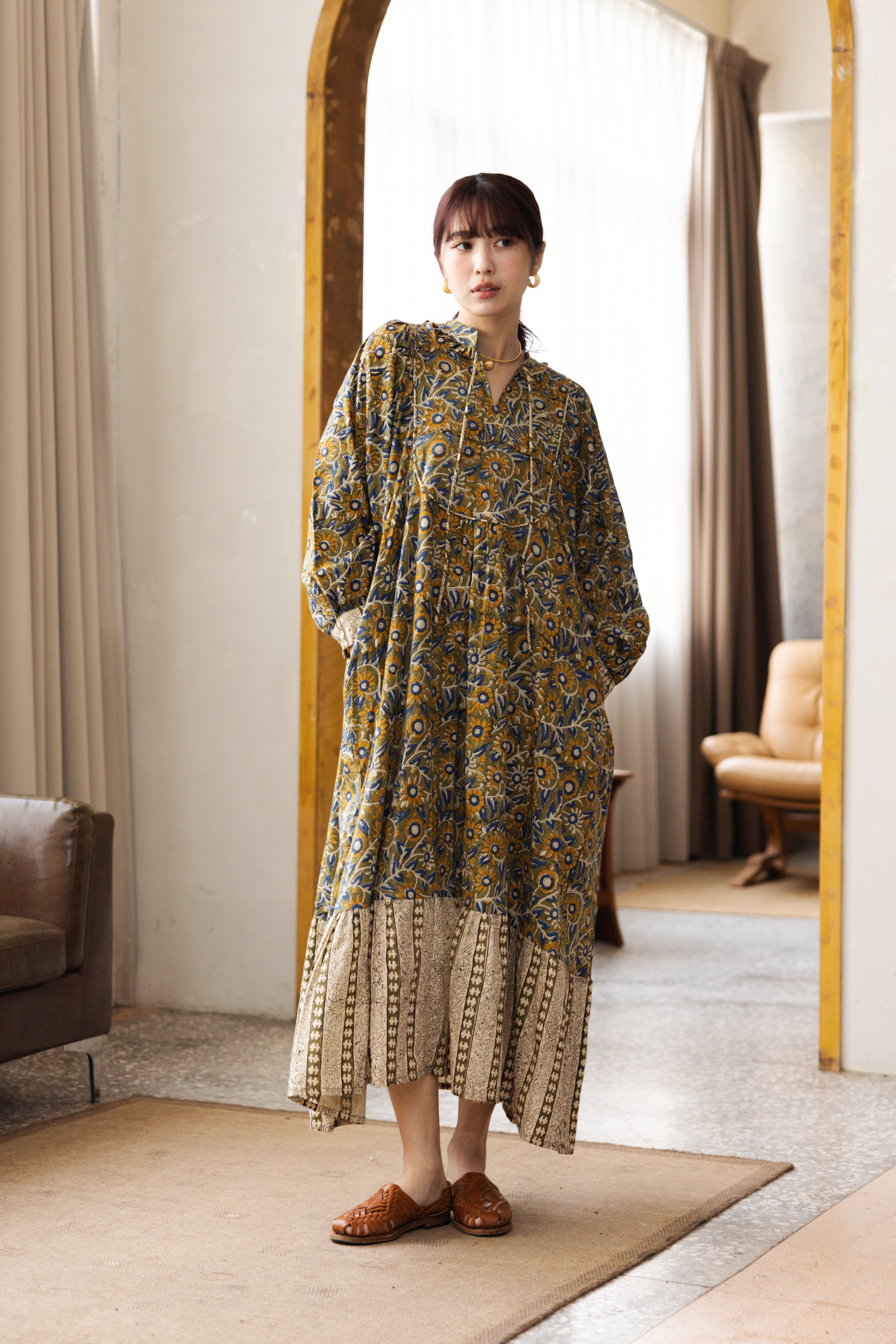 花領長袖拼接洋裝_綠