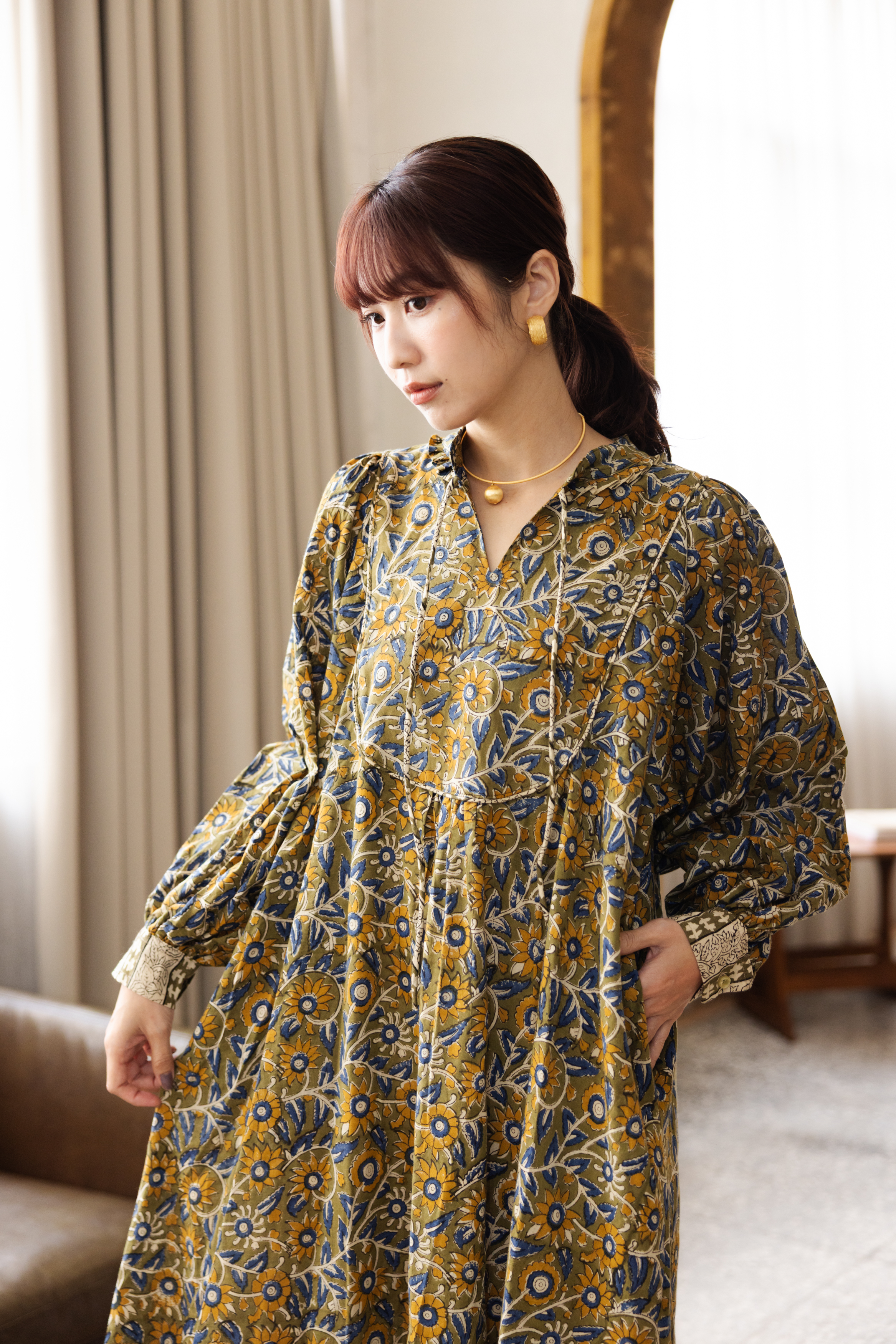 花領長袖拼接洋裝_綠