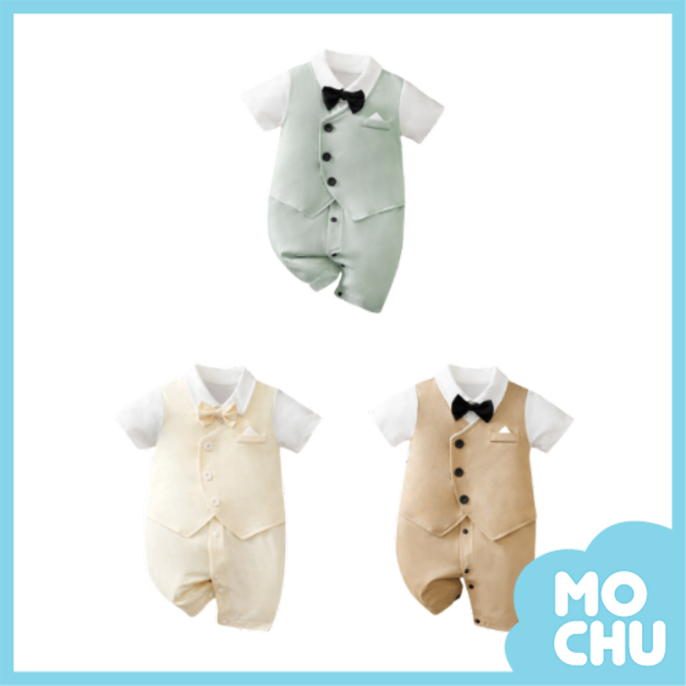 馬卡龍假兩件紳士短袖連身衣(三色)