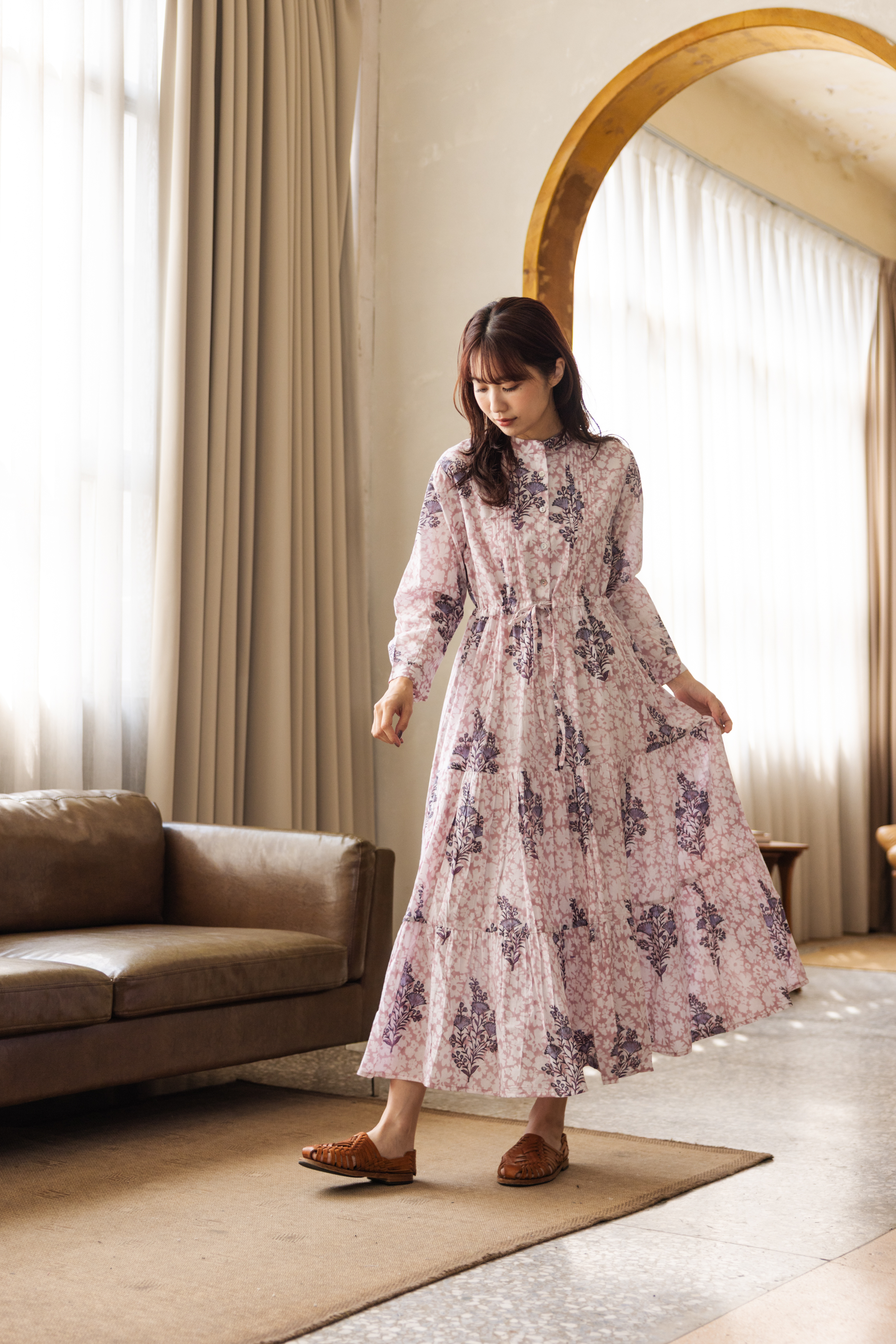 中山領打摺收腰洋裝_粉紫