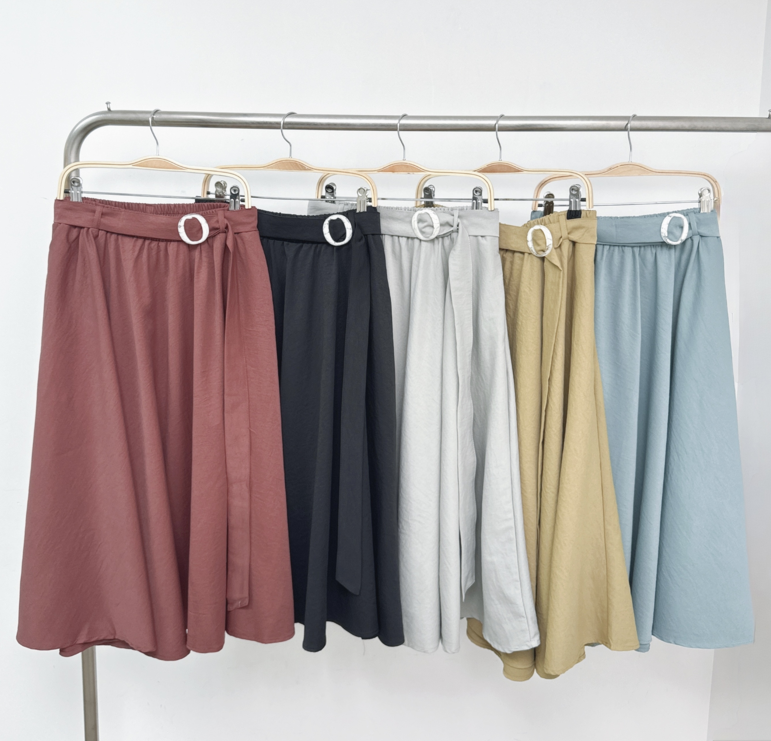 【預訂】圓扣腰帶細斜棉傘腳半身裙 (K66-K70)