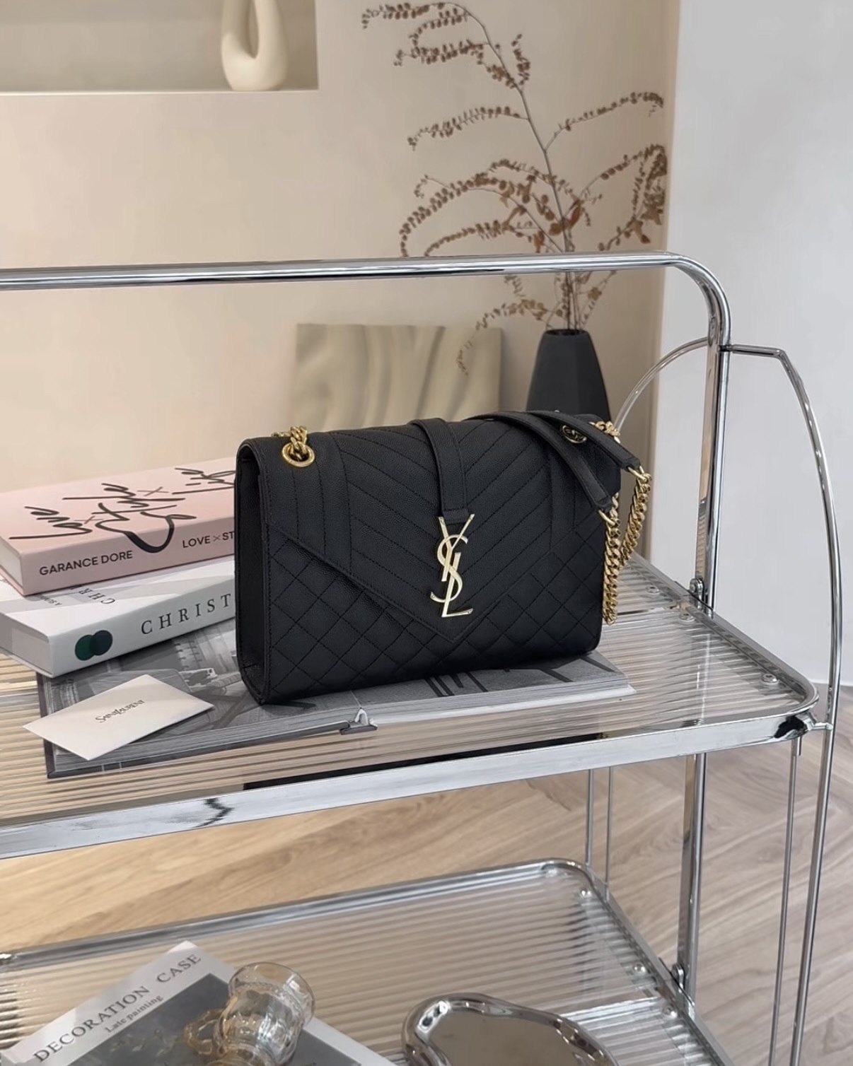 YSL｜ENVELOPE 中號魚子醬鏈條包 黑金