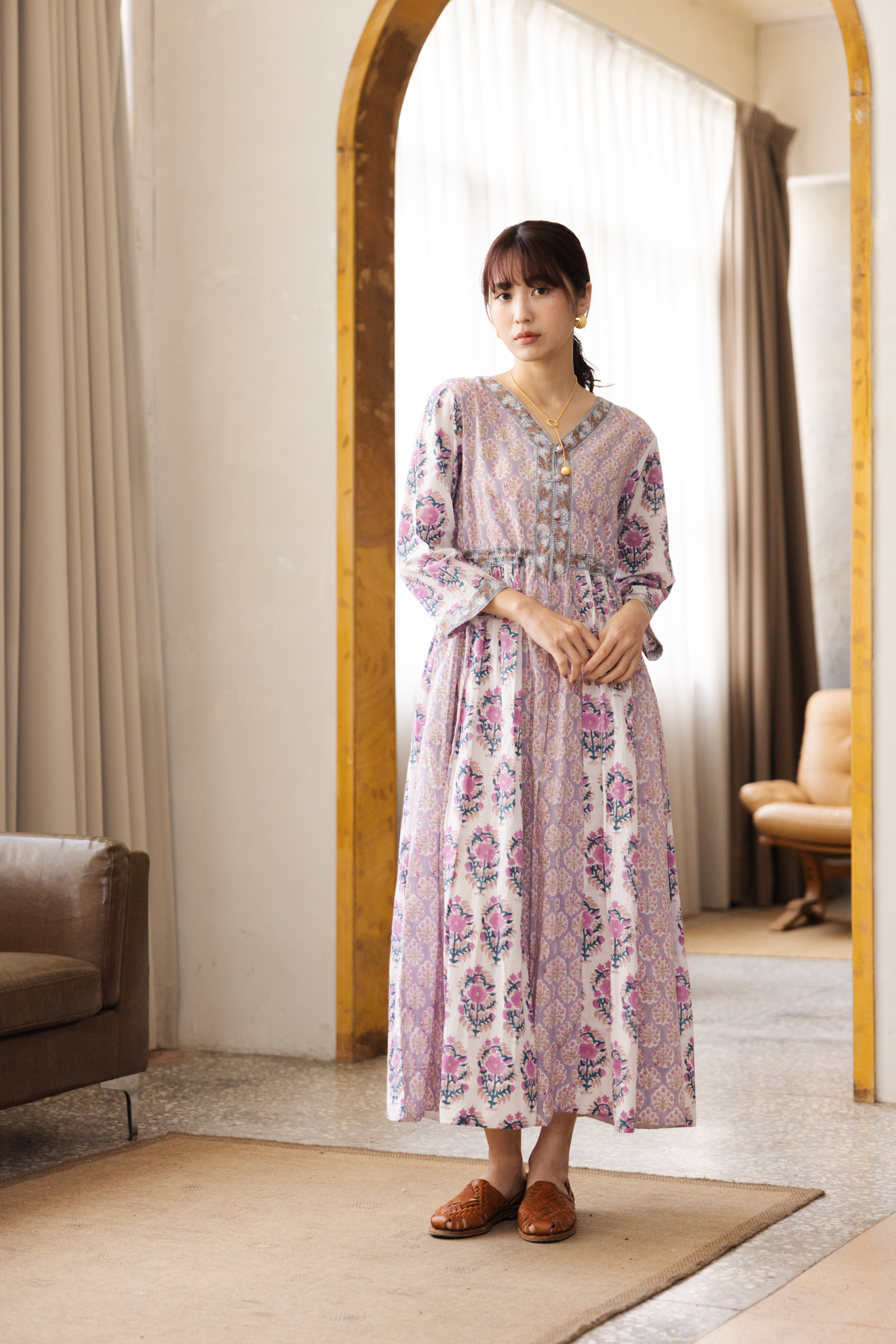 前後v後綁帶七分袖長洋裝_紫