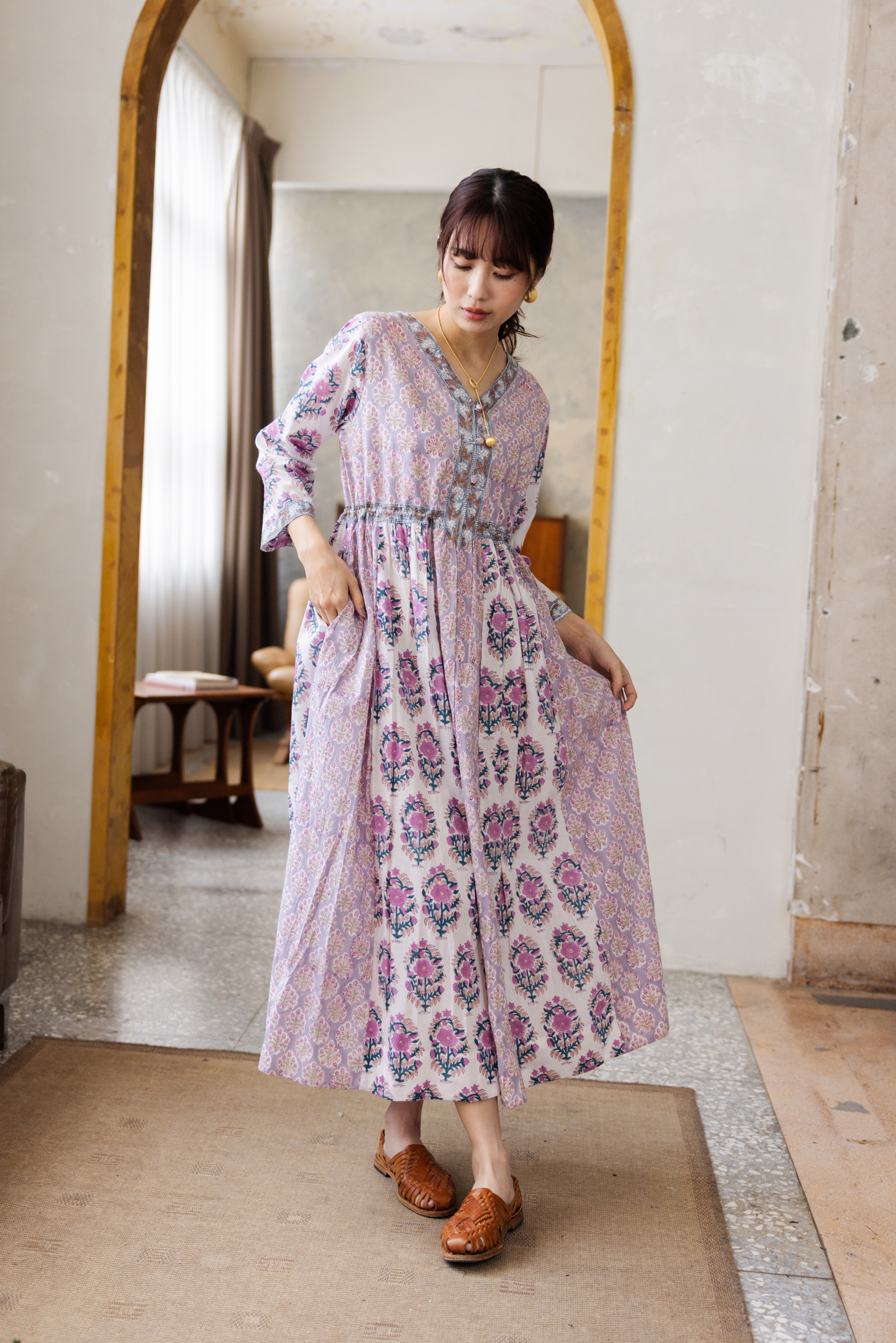 前後v後綁帶七分袖長洋裝_紫