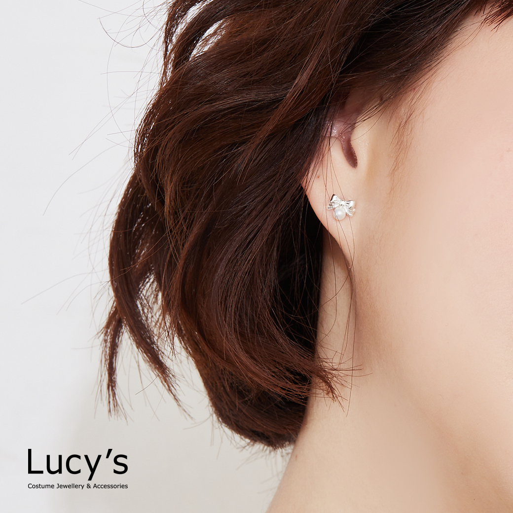 925純銀 蝴蝶結珍珠 轉珠耳環 (122407)