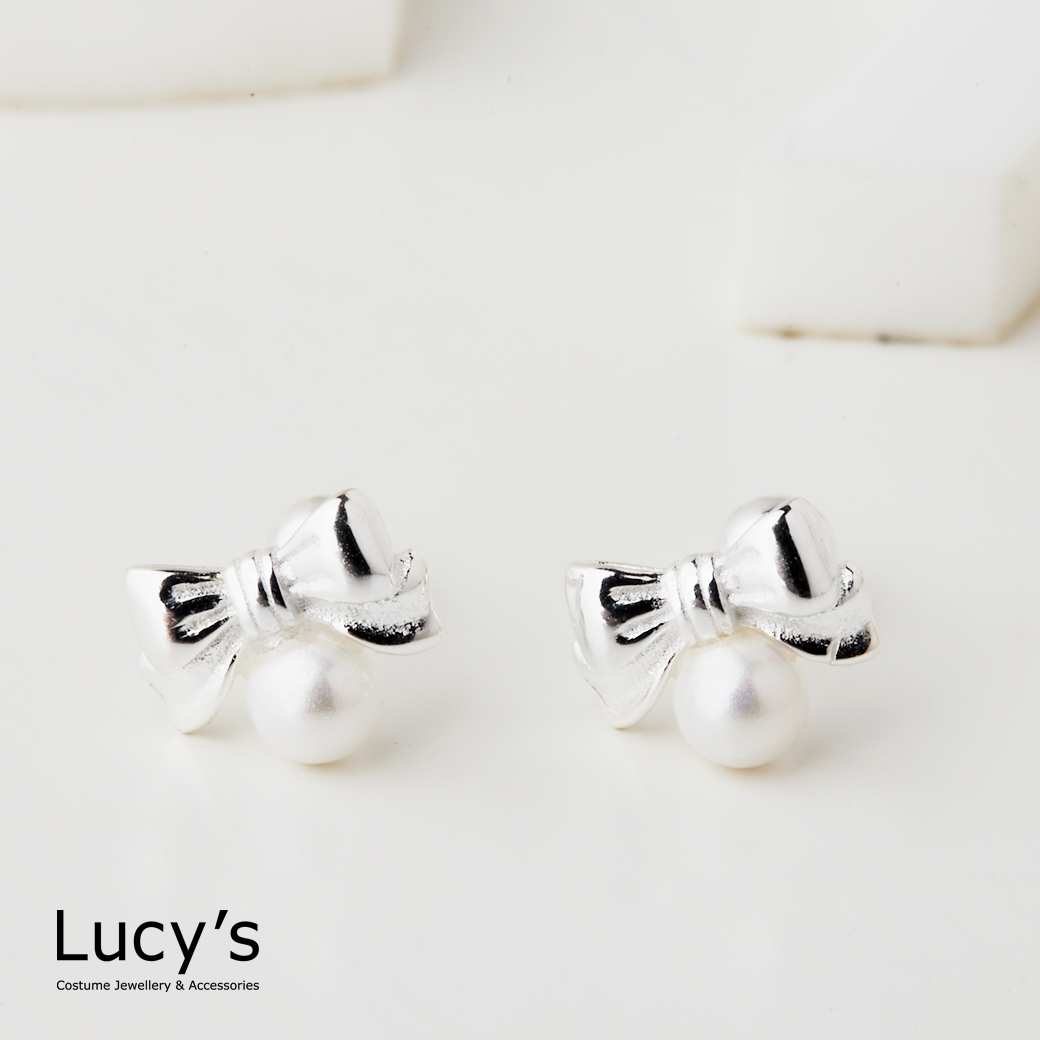 925純銀 蝴蝶結珍珠 轉珠耳環 (122407)