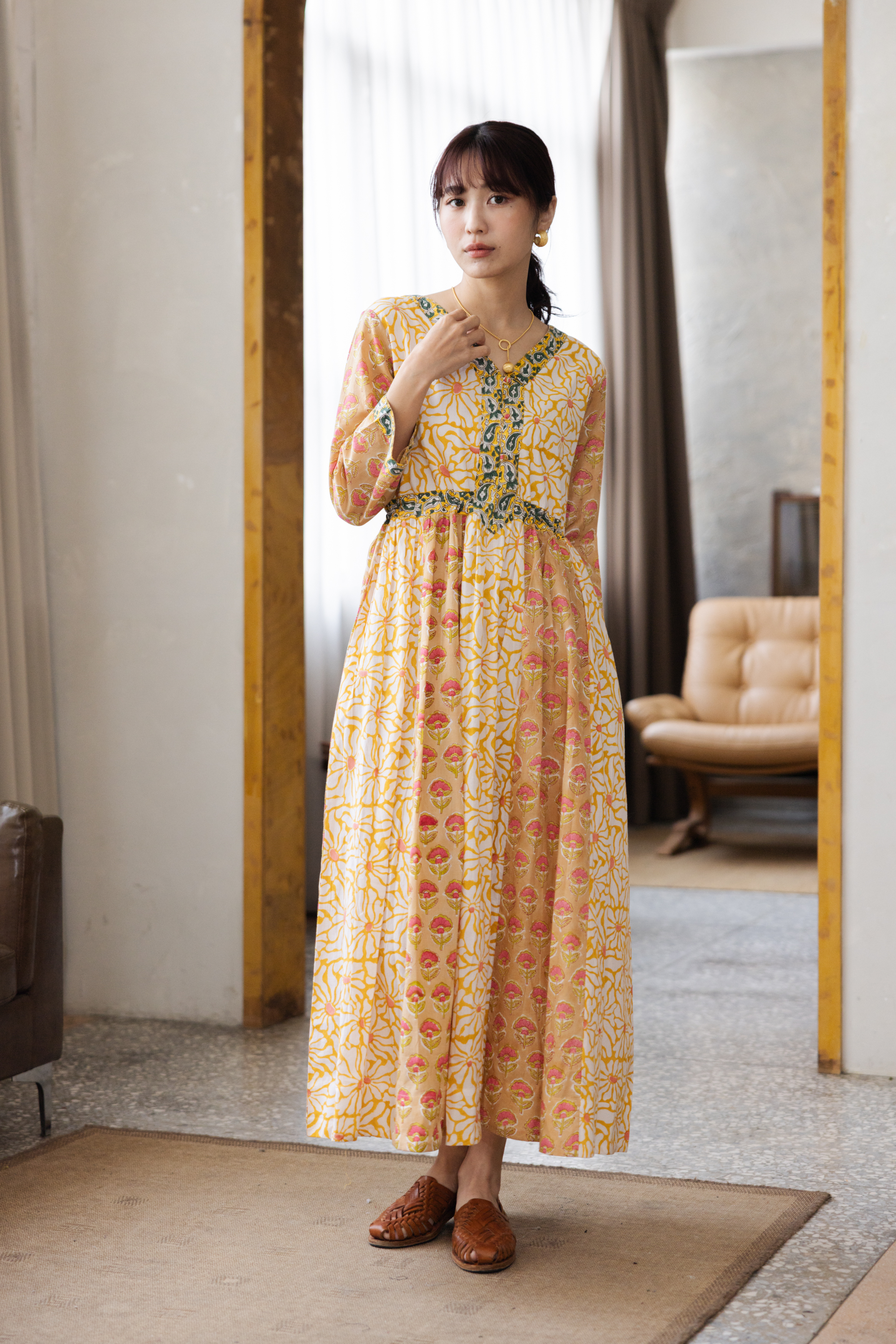 前後v後綁帶七分袖長洋裝_黃