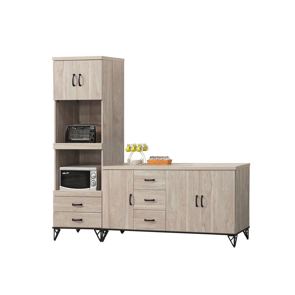 柏蒂家居-哈德克7.4尺多功能L型收納餐櫃組合(2尺拉盤式高電器櫃+5.4尺碗盤置物矮櫃)