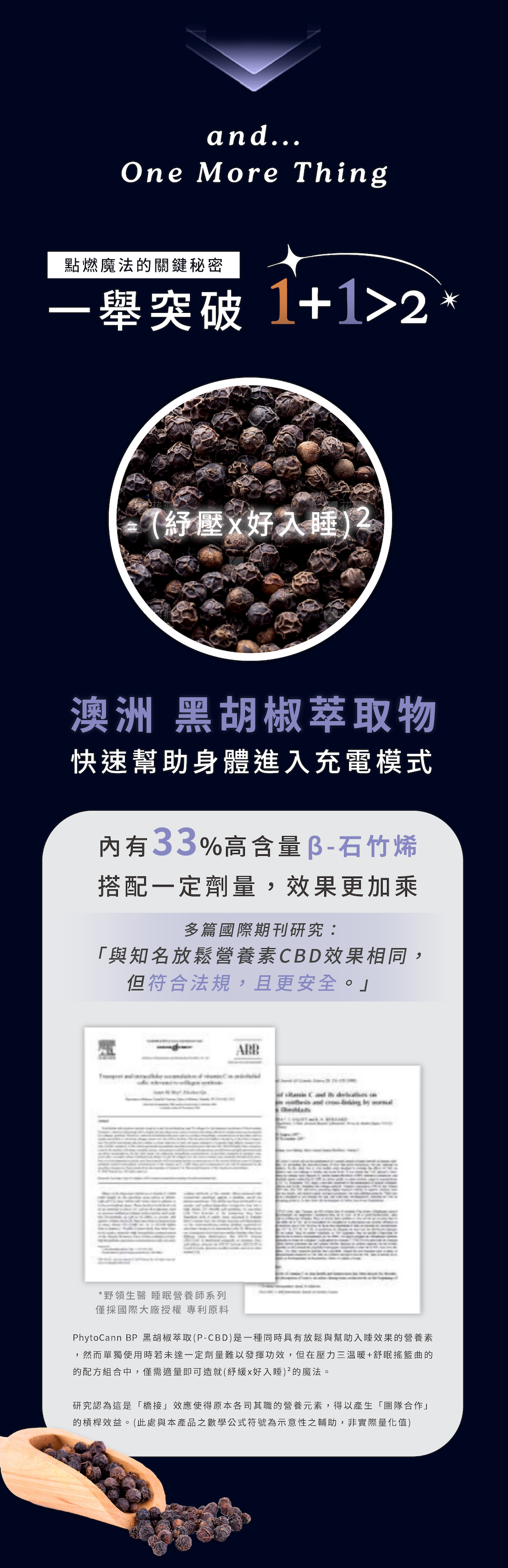 澳洲黑胡椒萃取物，含33%高含量β-石竹烯，快速幫助身體進入充電模式，強化助眠效果。