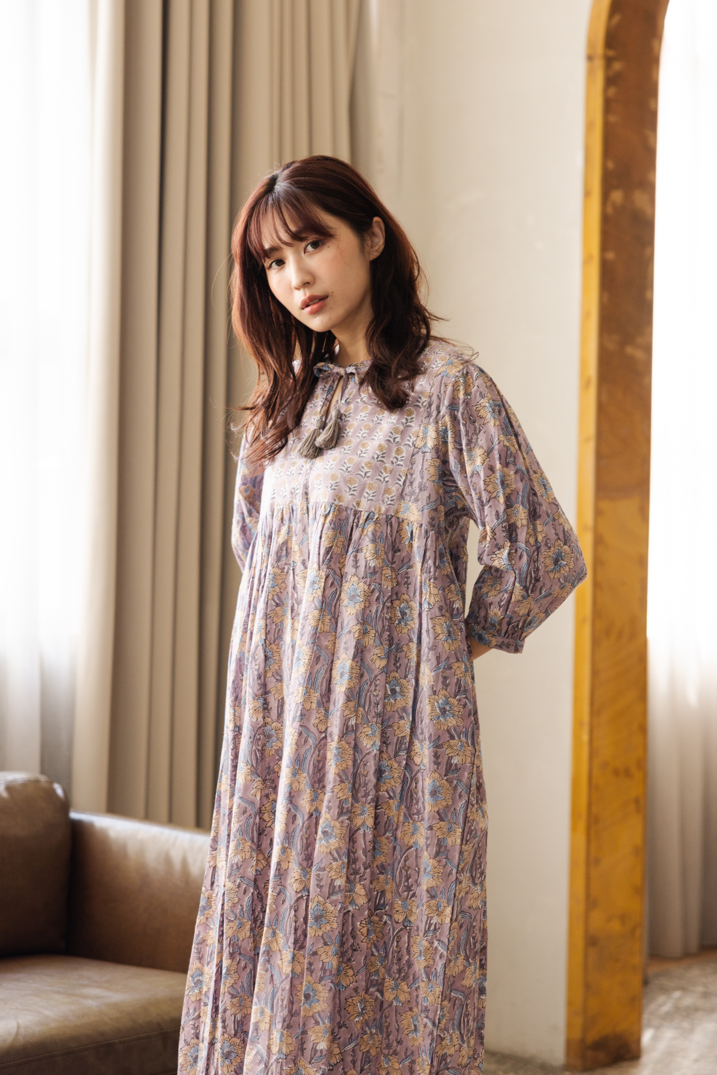 前綁帶拼接洋裝＿藕紫花