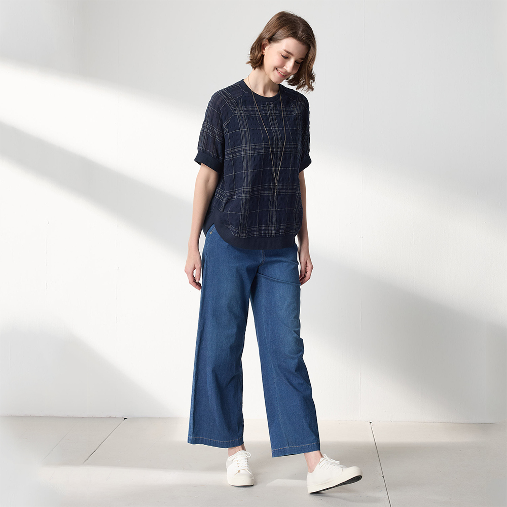 PIPPY 俐落風腰圍鬆緊彈力寬口長褲 藍