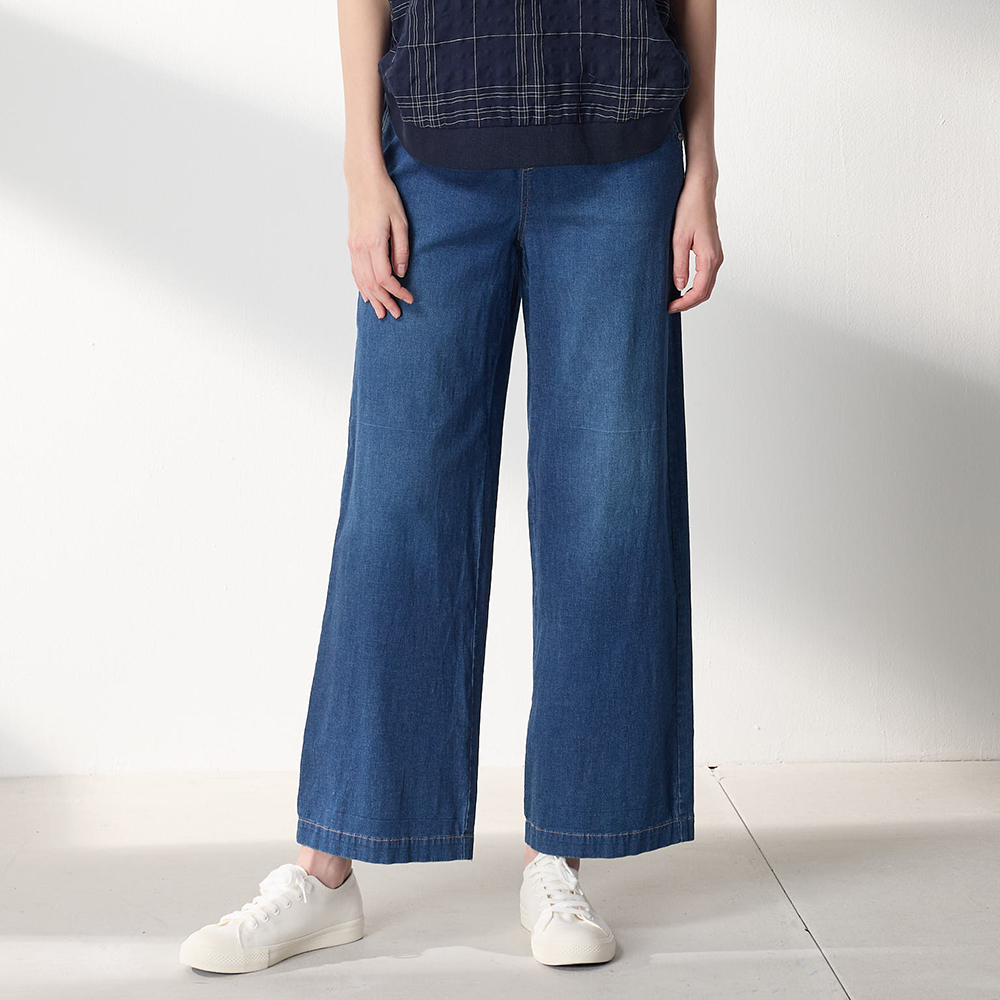 PIPPY 俐落風腰圍鬆緊彈力寬口長褲 藍