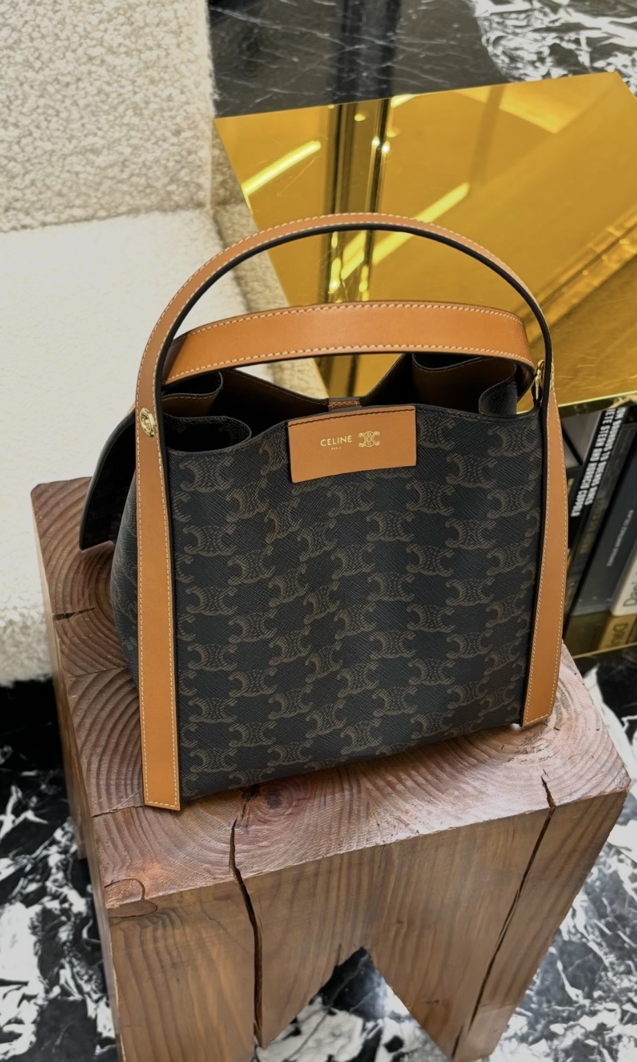 Celine Small Cube Bag in Triomphe Canvas and Natural Calfskin Honey